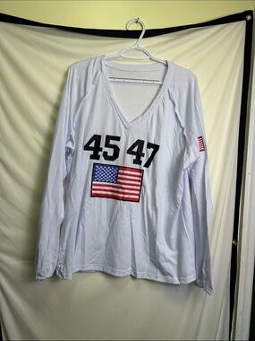 45-47 White Long Sleeve V-Neck Tee with American Flag Graphic